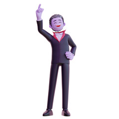 3d vampire character pointing up, Happy halloween.