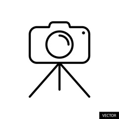 Camera on tripod, Photography concept vector icon in line style design for website, app, UI, isolated on white background. Editable stroke. Vector illustration.