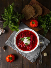 Traditional Russian-Ukrainian borsch with sour cream