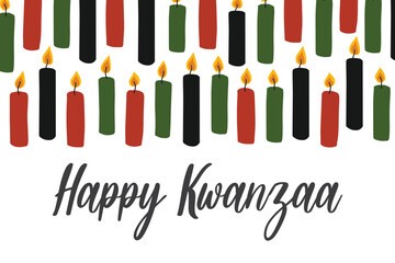 Happy Kwanzaa - banner with candles. African American ethnic cultural holiday. Colorful bright greeting card, social media post.