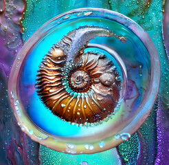 Macro of a glass orb with a spiral design, nautilus fossil on a blue background. Abstract of a large sea shell fossil in resin or glass container. Render