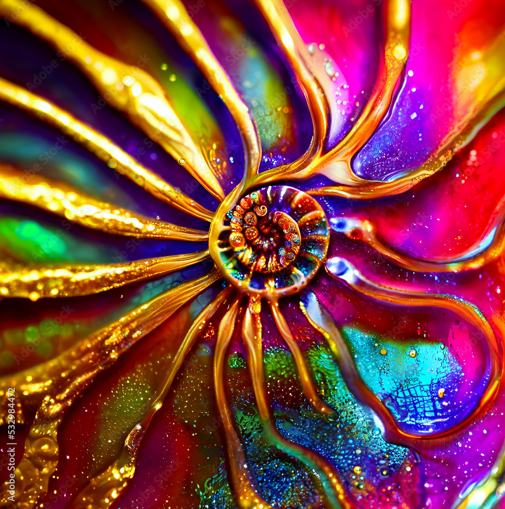 Poster abstract trendy nautilus swirl art, circular formation with metallic paint background. shallow depth