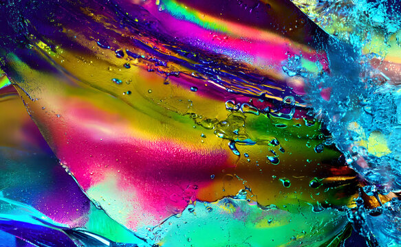 Rainbow polarized crystal. macro closeup of liquid.  Abstract modern art wallpaper.  liquid backdrop for design element, vivid and colorful background. shallow depth of field. Render