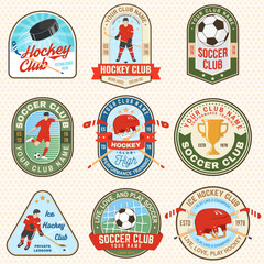 Ice Hockey club and soccer club logo, badge embroidered patch. Sport sticker pack with player, ball, sticker, puck and skates silhouette. Vector.