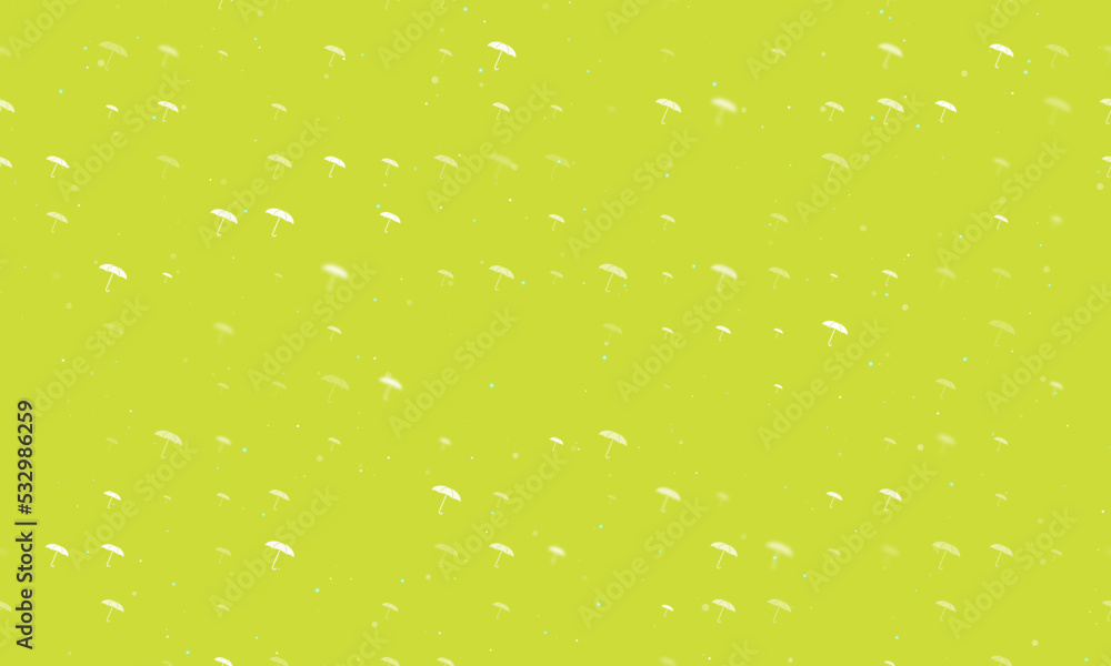 Poster seamless background pattern of evenly spaced white umbrella symbols of different sizes and opacity. 