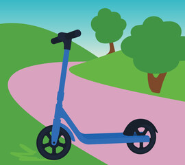 Electric kick scooter parked on road in summer hillscape. Urban mobility, micromobility, sharing economy illustration.