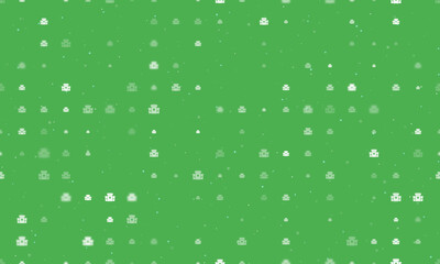 Seamless background pattern of evenly spaced white castle symbols of different sizes and opacity. Vector illustration on green background with stars