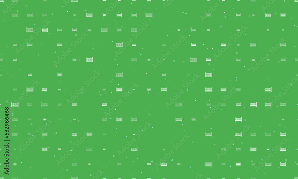 Poster seamless background pattern of evenly spaced white baby cot symbols of different sizes and opacity. 