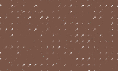 Seamless background pattern of evenly spaced white baby rattle symbols of different sizes and opacity. Vector illustration on brown background with stars