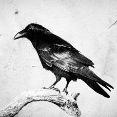 Bird Common Raven Corvus corax, dark style big black scary bird sitting on the branch, Helloween