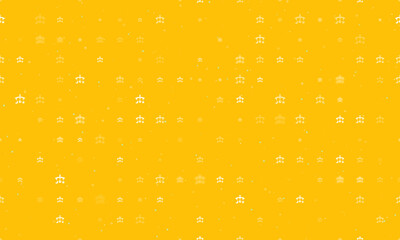 Seamless background pattern of evenly spaced white baby mobiles of different sizes and opacity. Vector illustration on amber background with stars
