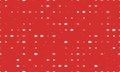 Seamless background pattern of evenly spaced white video camera symbols of different sizes and opacity. Vector illustration on red background with stars