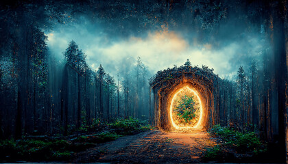Spectacular fantasy scene with a portal archway covered in creepers. In the fantasy world, ancient magical stone gate show another dimension. Digital art 3D illustration. - obrazy, fototapety, plakaty
