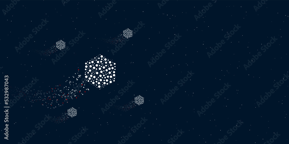 Aufkleber a hexagon symbol filled with dots flies through the stars leaving a trail behind. four small symbols