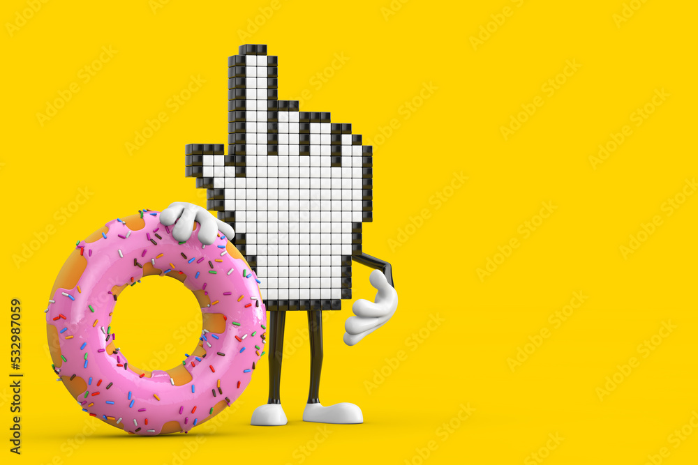 Aufkleber pixel hand cursor mascot person character with big strawberry pink glazed donut. 3d rendering