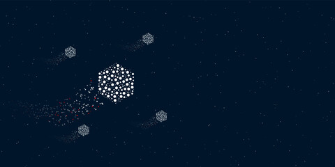 Fototapeta na wymiar A hexagon symbol filled with dots flies through the stars leaving a trail behind. Four small symbols around. Empty space for text on the right. Vector illustration on dark blue background with stars