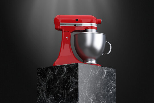 Old Red Kitchen Stand Food Mixer over Marble Show Podium or Pedestal. 3d Rendering