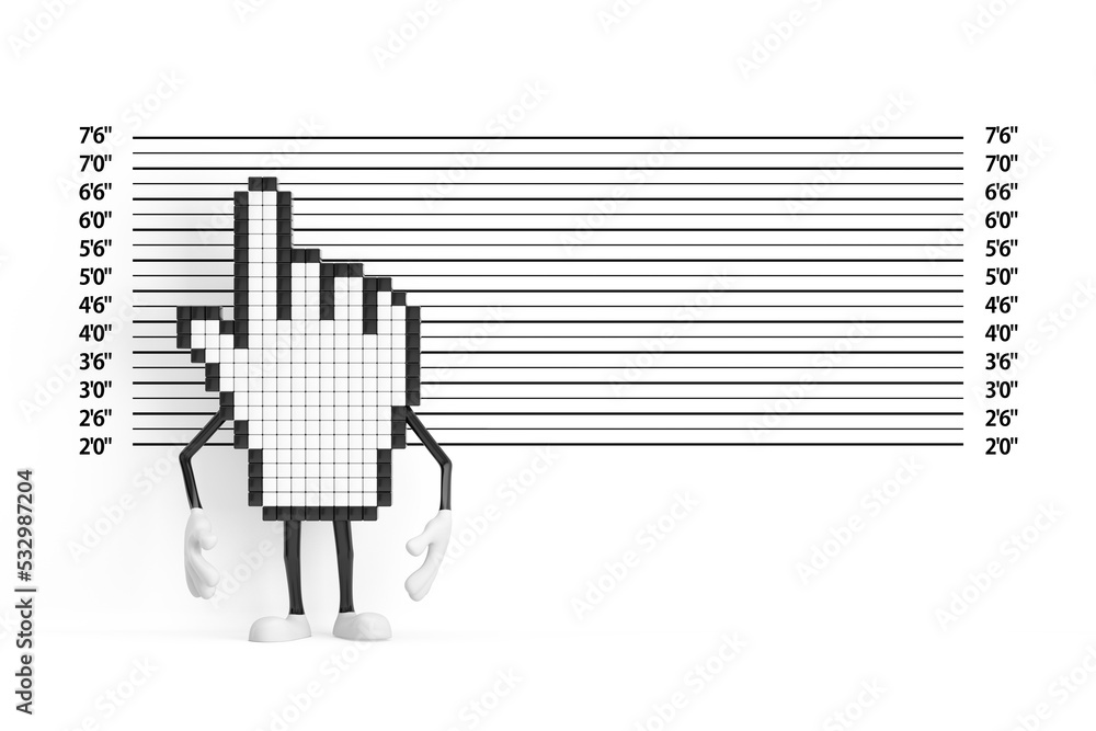 Aufkleber pixel hand cursor mascot person character in front of police lineup or mugshot background. 3d render