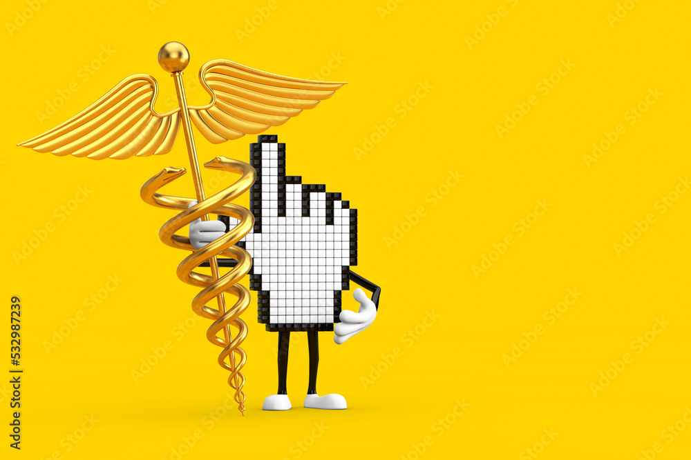 Aufkleber pixel hand cursor mascot person character with golden medical caduceus symbol. 3d rendering