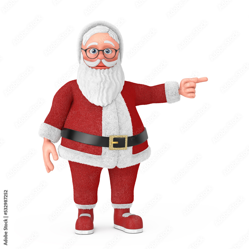 Poster happy christmas and new year greeting concept. cartoon cheerful santa claus granpa points a finger a