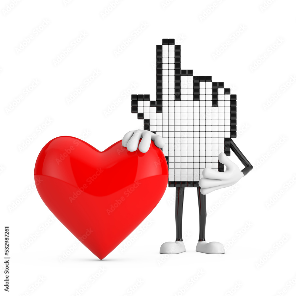 Poster Pixel Hand Cursor Mascot Person Character with Red Heart. 3d Rendering