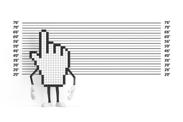 Pixel Hand Cursor Mascot Person Character in front of Police Lineup or Mugshot Background. 3d Rendering