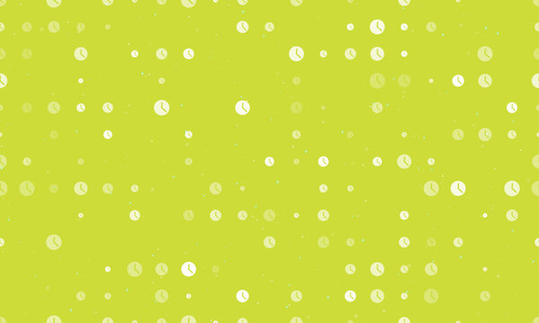 Seamless background pattern of evenly spaced white time symbols of different sizes and opacity. Vector illustration on lime background with stars