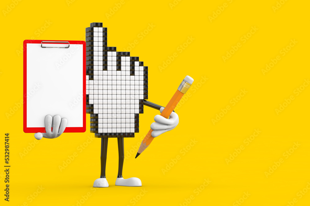 Poster Pixel Hand Cursor Mascot Person Character with Red Plastic Clipboard, Paper and Pencil. 3d Rendering