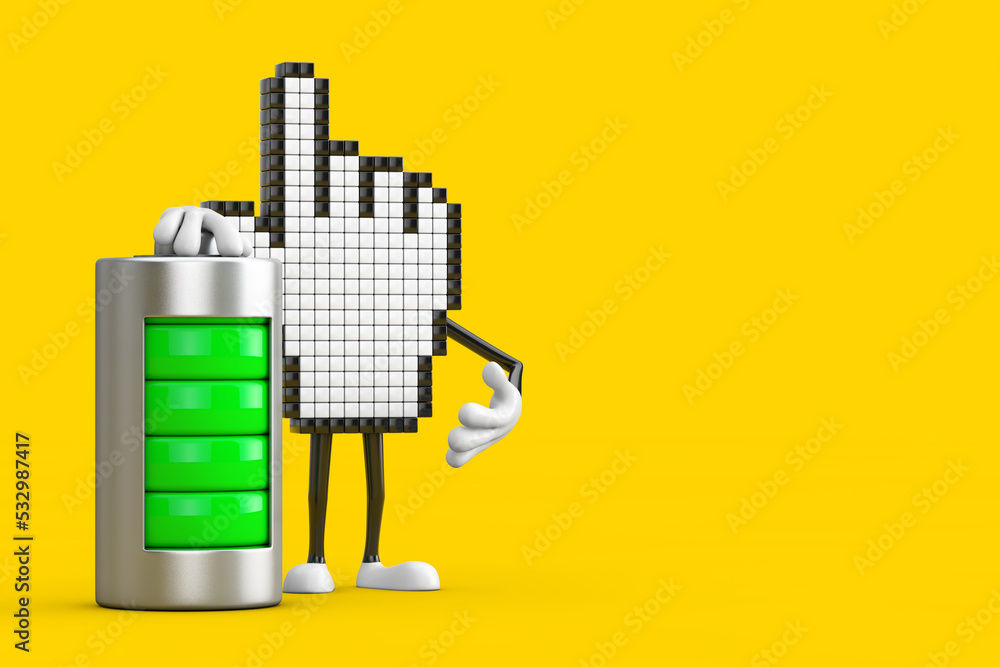 Leinwandbilder pixel hand cursor mascot person character with abstract charging battery. 3d rendering