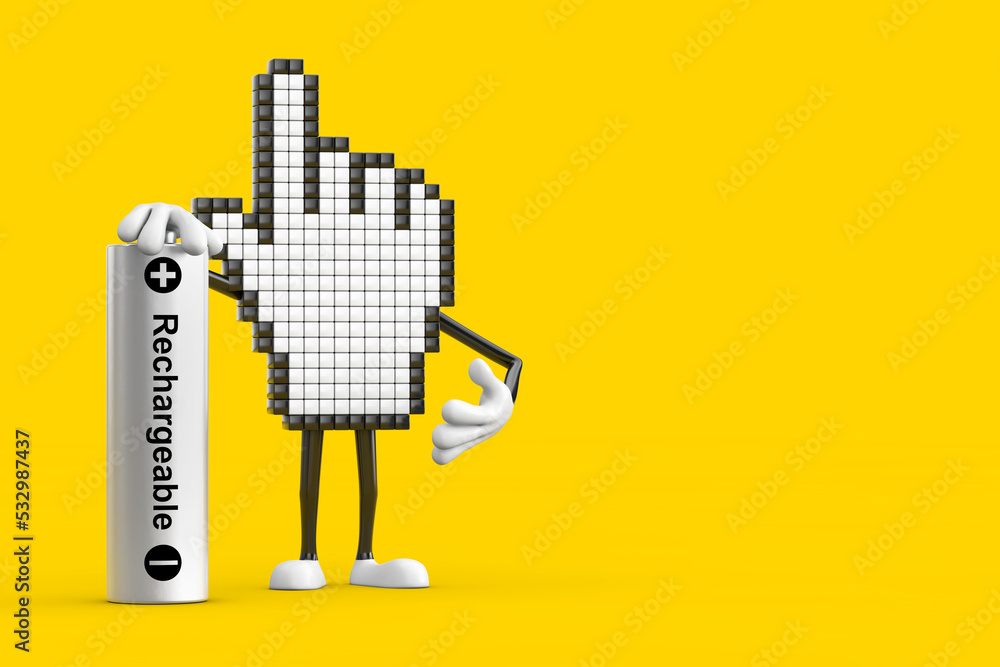 Poster pixel hand cursor mascot person character with rechargeable battery. 3d rendering