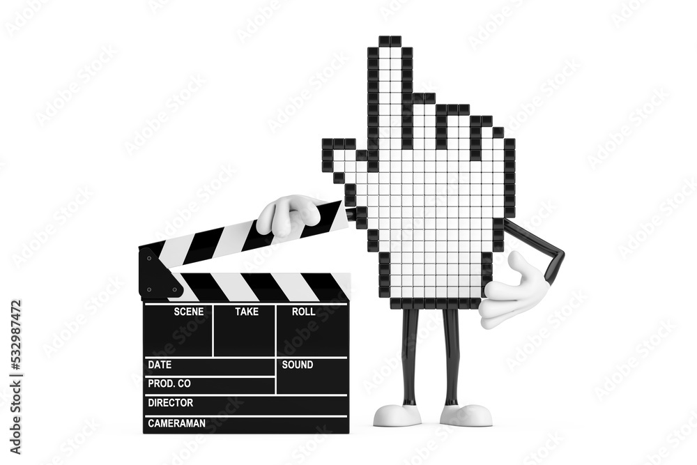 Poster Pixel Hand Cursor Mascot Person Character with Movie Clapper Board. 3d Rendering