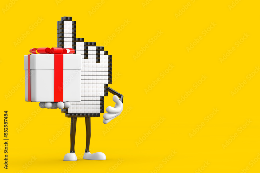 Poster pixel hand cursor mascot person character and gift box with red ribbon. 3d rendering