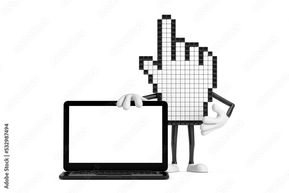 Leinwandbilder pixel hand cursor mascot person character with modern laptop computer notebook and blank screen for 