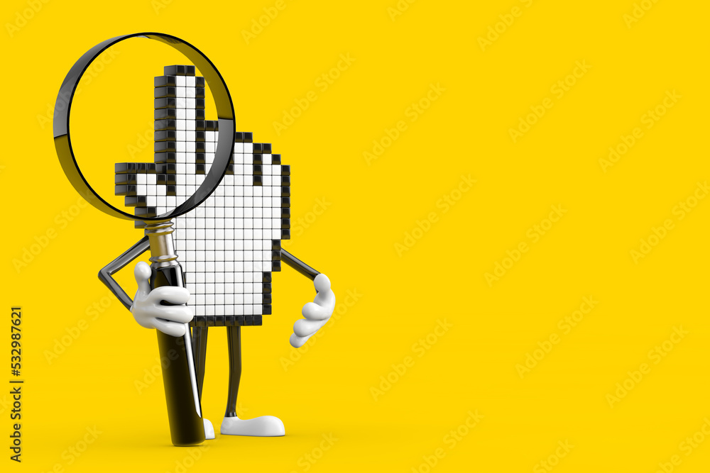 Poster pixel hand cursor mascot person character with magnifying glass. 3d rendering