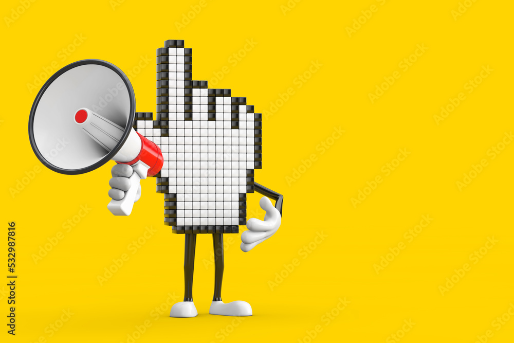 Poster pixel hand cursor mascot person character with red retro megaphone. 3d rendering