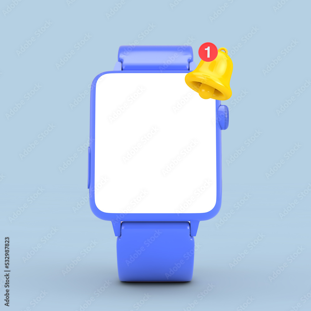 Fototapete cartoon social media notification bell with new message icon and modern smart watch mockup and strap