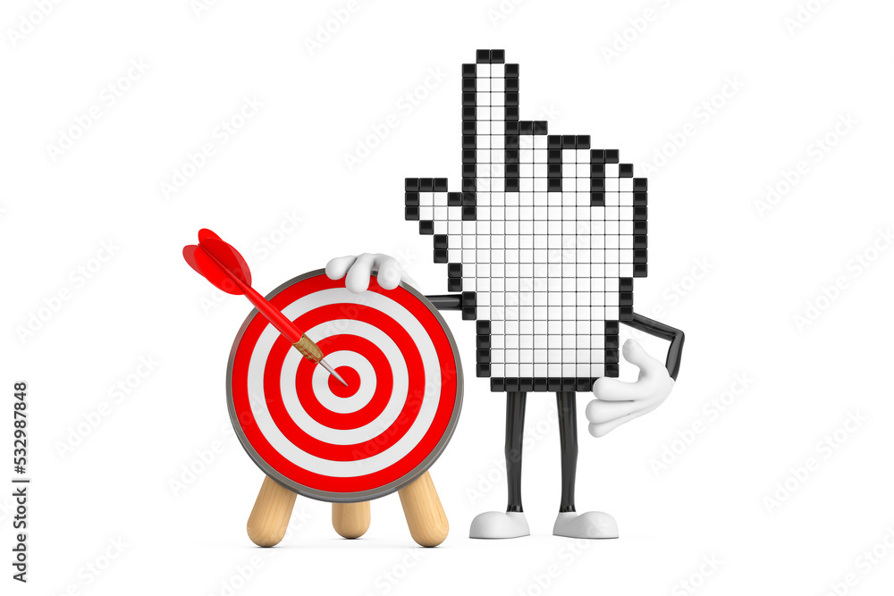 Poster pixel hand cursor mascot person character with archery target and dart in center. 3d rendering