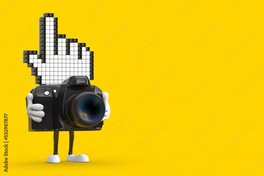 Poster pixel hand cursor mascot person character with modern digital photo camera. 3d rendering
