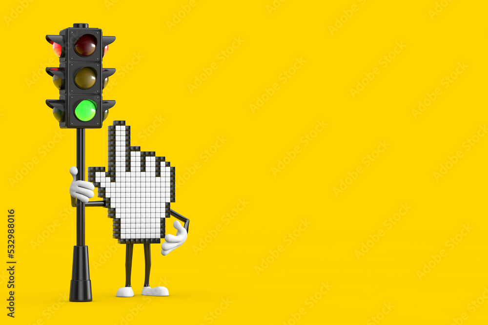 Leinwandbilder pixel hand cursor mascot person character with traffic green light. 3d rendering