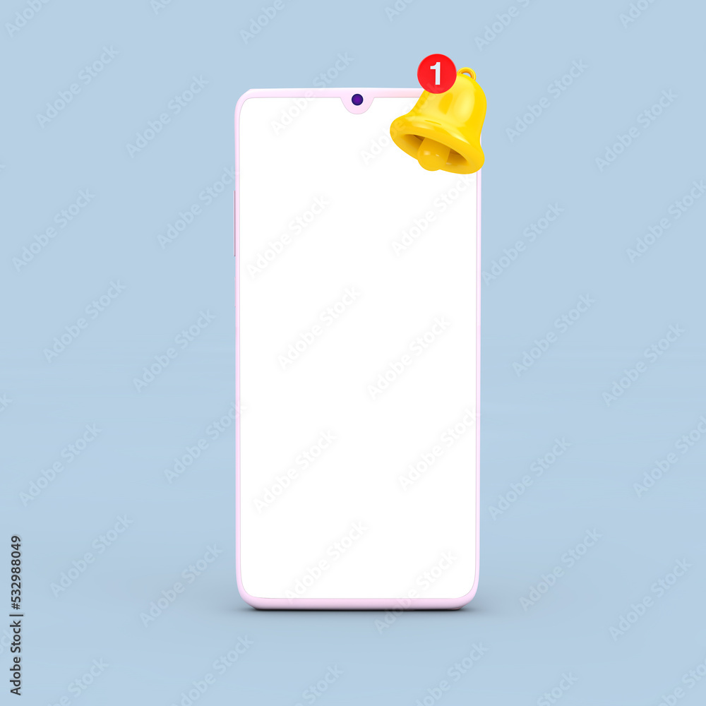 Aufkleber cartoon social media notification bell with new message icon and mobile phone with blank screen for 