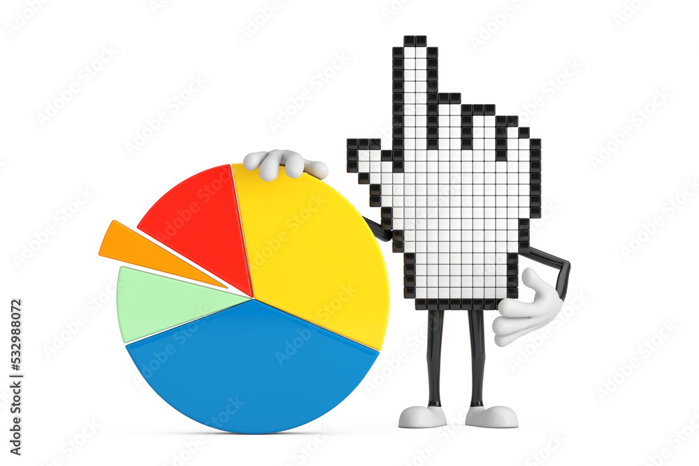 Leinwandbilder pixel hand cursor mascot person character with info graphics business pie chart. 3d rendering