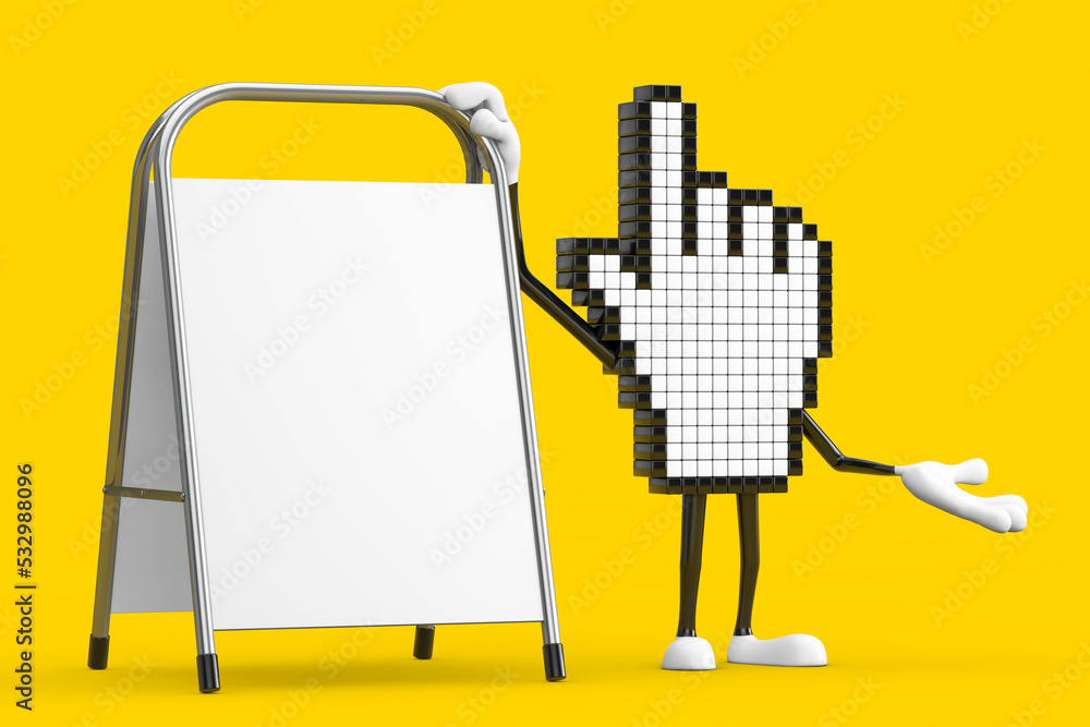 Poster pixel hand cursor mascot person character with white blank advertising promotion stand. 3d rendering
