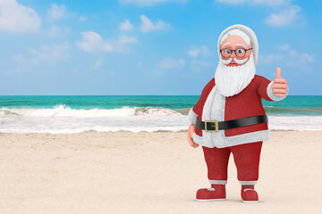 Happy Christmas and New Year Greeting Concept. Cartoon Cheerful Santa Claus Granpa Giving Thumb Up on an Ocean or Sea Sand Beach. 3d Rendering