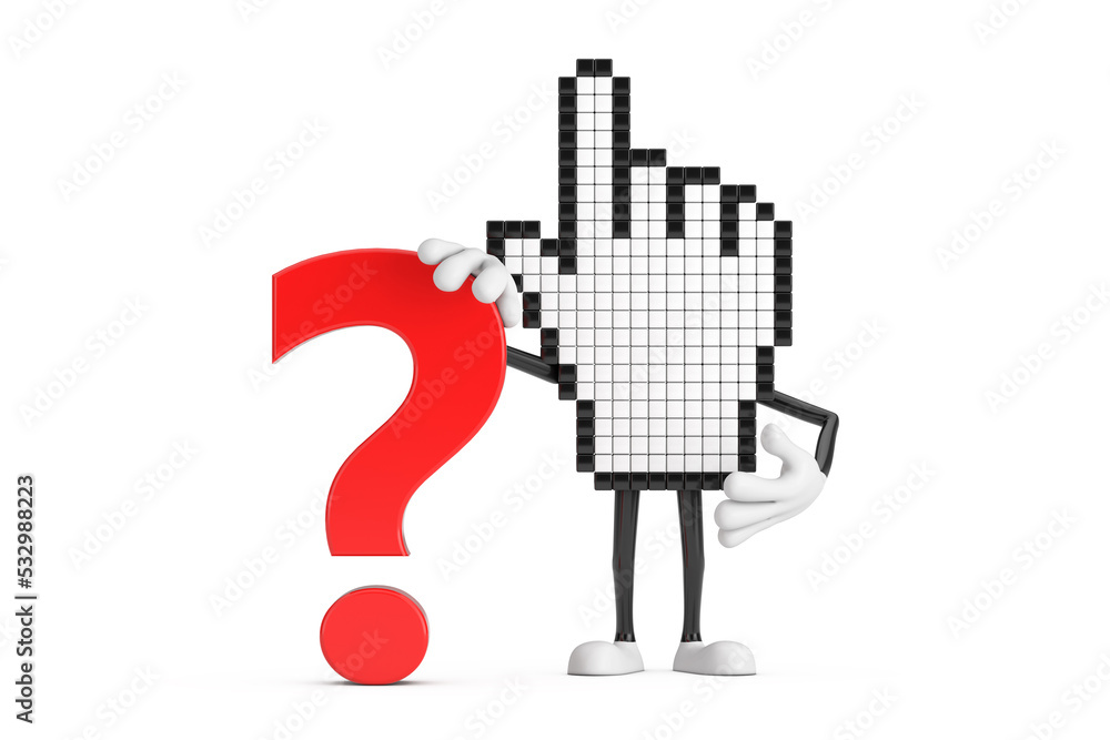 Leinwandbilder pixel hand cursor mascot person character with red question mark sign. 3d rendering