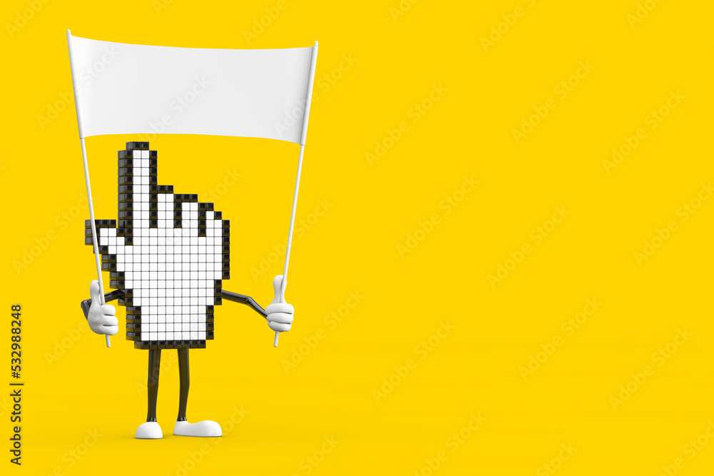 Poster pixel hand cursor mascot person character and empty white blank banner with free space for your desi