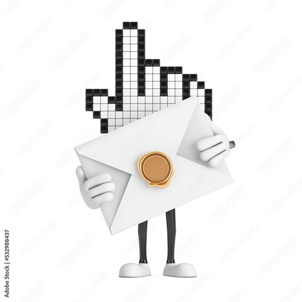 Aufkleber pixel hand cursor mascot person character with white blank envelope. 3d rendering