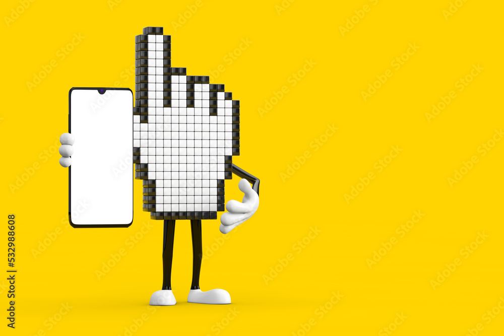 Leinwandbilder pixel hand cursor mascot person character and modern mobile phone with blank screen for your design.