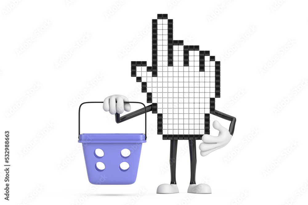 Poster pixel hand cursor mascot person character with cartoon shopping basket. 3d rendering