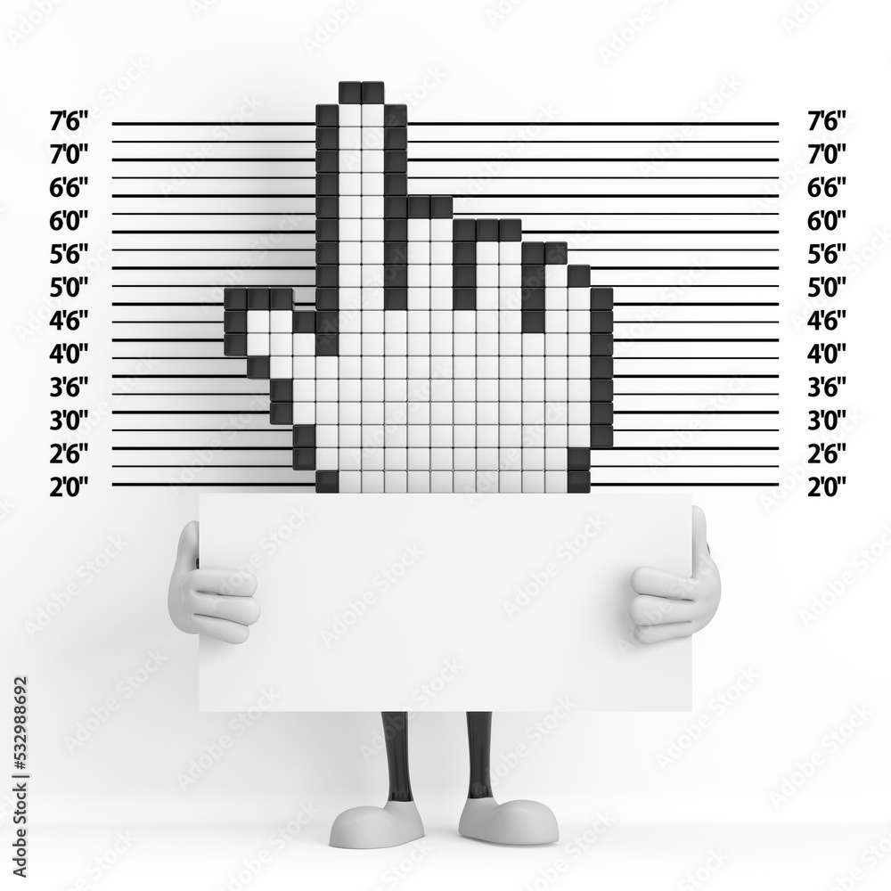 Poster pixel hand cursor mascot person character with identification plate in front of police lineup or mug