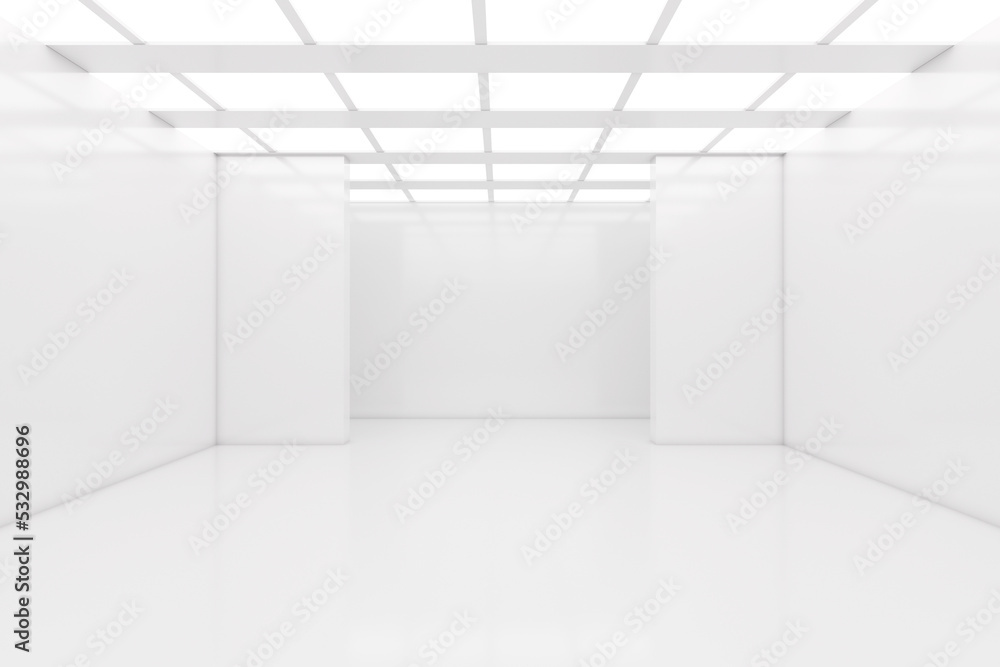 Poster Illuminated Empty Open Space, Corridor or Room Interior, White Abstract Modern Architecture Background. 3d Rendering
